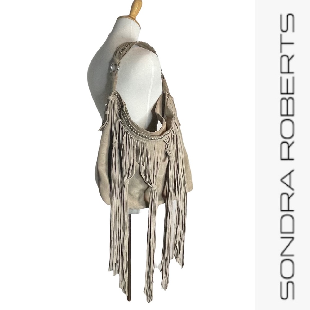 Last Chance….Sondra Roberta Gray Suede Leather Large Fringe Studded Hobo Bag - Picture 2 of 16